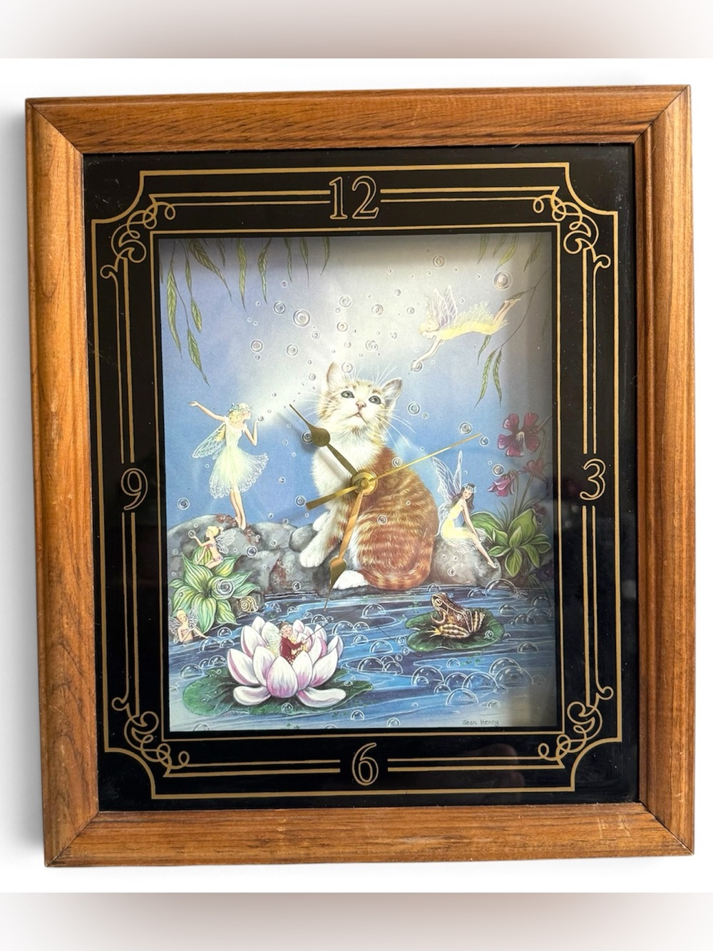Vtg St Ives Jean Henry Enchanted Cat Fairy Wall Clock Framed Whimsical Ethereal